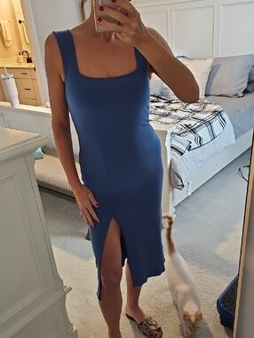 Reformation Blue Square-Neck Ribbed Midi Dress with Front Slit